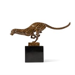 After Milo - Bronze two toned running cheetah, upon a rectangular marble base, with foundr...