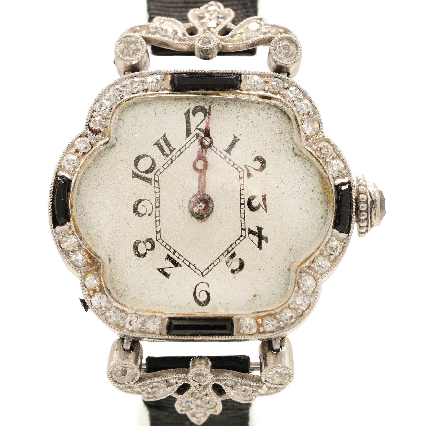 Art Deco French ladies platinum black onyx and diamond manual wind wristwatch, silvered / white dial with Arabic hour markers, old cut diamonds and onyx set bezel, diamond set lugs and crown, case No. 80639, hallmarked