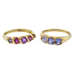 Gold three stone sapphire ring and a gold five stone amethyst, tanzanite and garnet ring, both 9ct