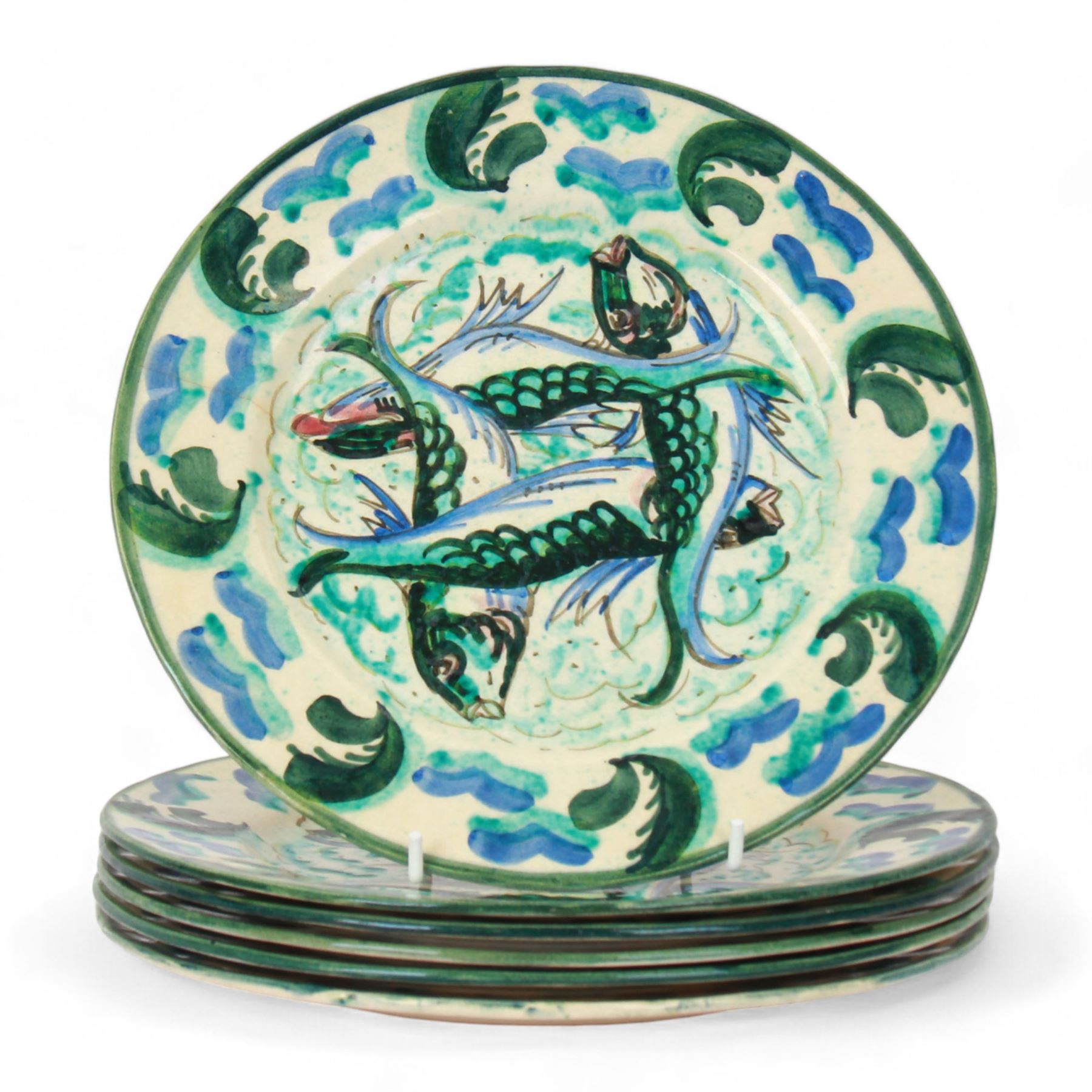 Raoul Lachenal (1885-1956), set of six French faience Iznik style plates, decorated with fish in tones of blue and green with lustre finish, each signed beneath Lachenal and monogramed, bearing Sotheby's labels, D24cm


Provenance: Lot 230, Collection de Ceramiques francaises, verreries, tableaux, documentations, provenant de la Villa Clara Schumann, Sotheby's, 16th December 2005