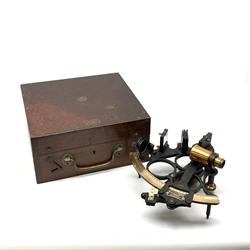 Mid-20th century Heath & Co Hezzanith sextant with black crackled framework and bakolite handle, the brass arc with silvered scale, endless tangent screw and rapid reader, no. P137, in original fitted mahogany box marked Cooke Hull to the paxolin lid, examination certificate dated 1945, various accessories, manuscript biographical note from original owner and other paperwork, box L28cm