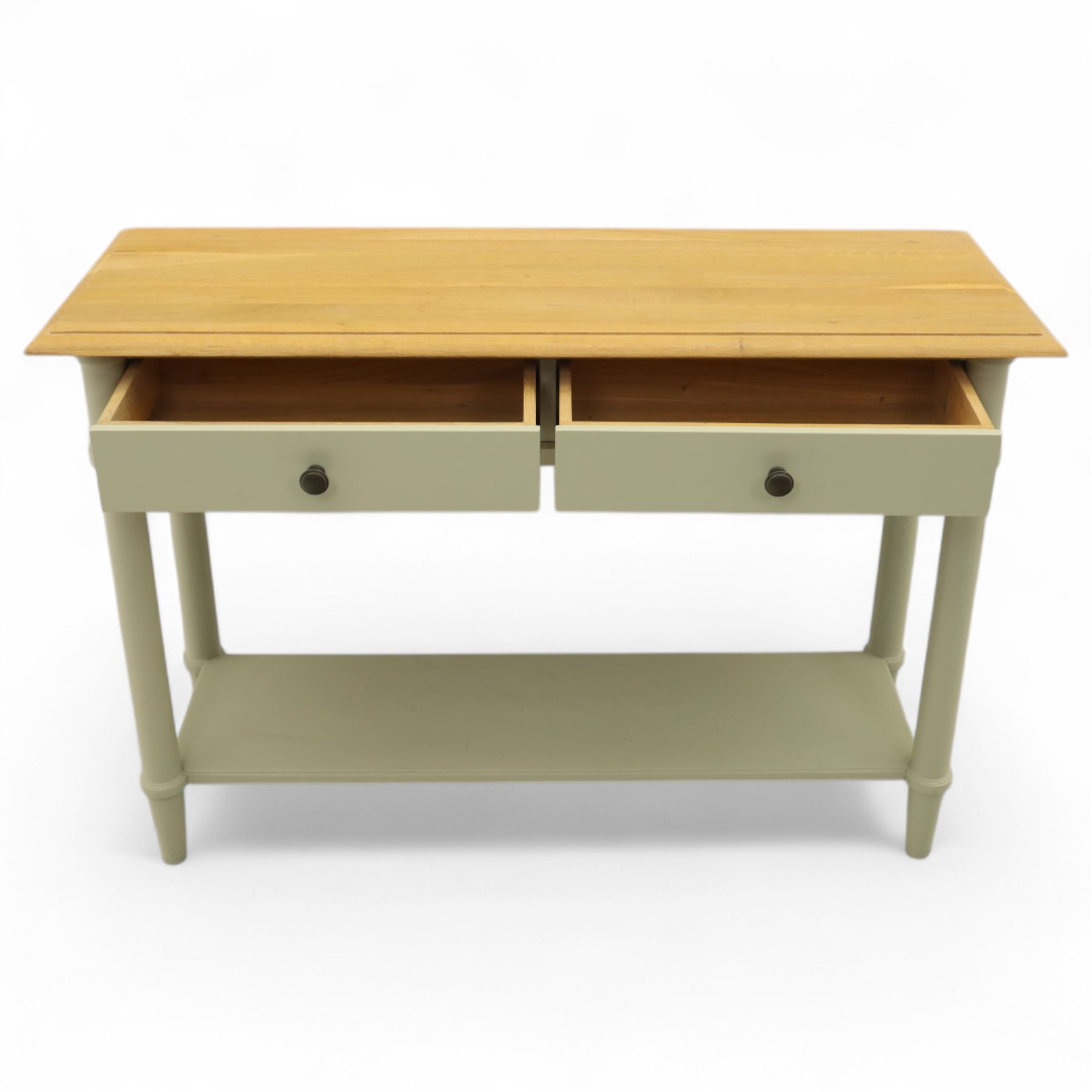 John Lewis - contemporary painted console table, rectangular oak top over single frieze drawer with turned knob handles, raised on four turned supports with lower platform shelf