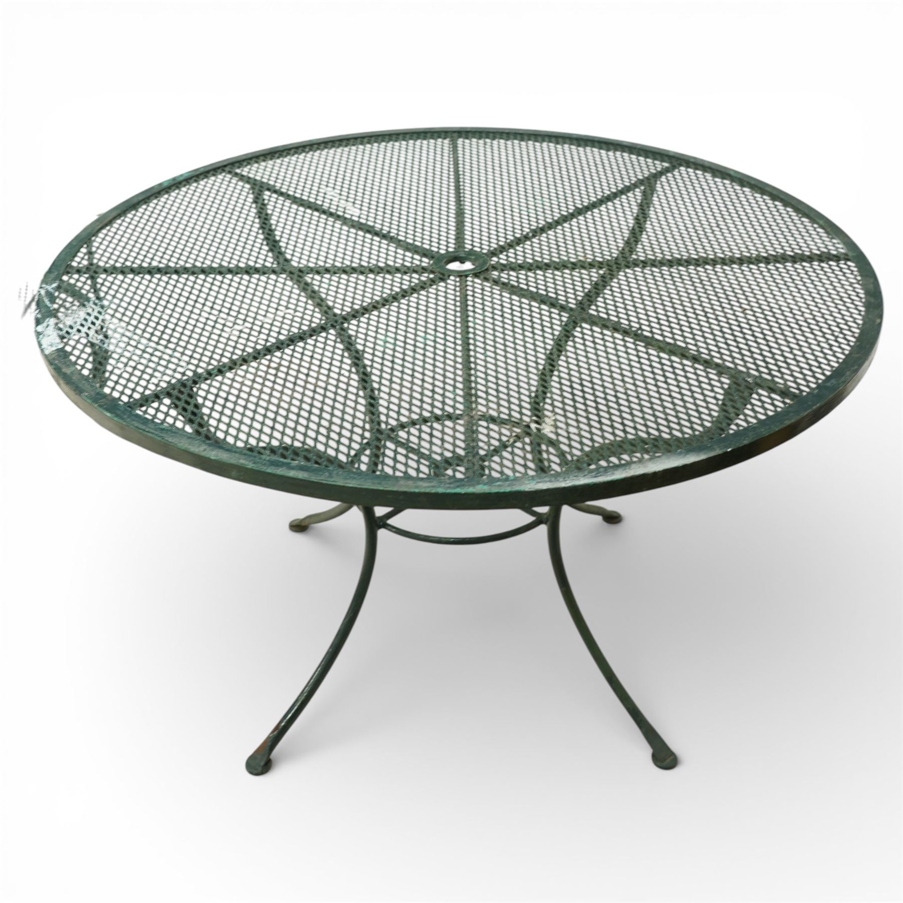 Green painted wrought metal garden table and chairs, with green striped cushions 