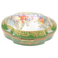 French bombee casket, Sevres style, painted with floral sprays inside gilt frames on a a green ground the cover decorated with a courting couple, signed Poirson, H18cm