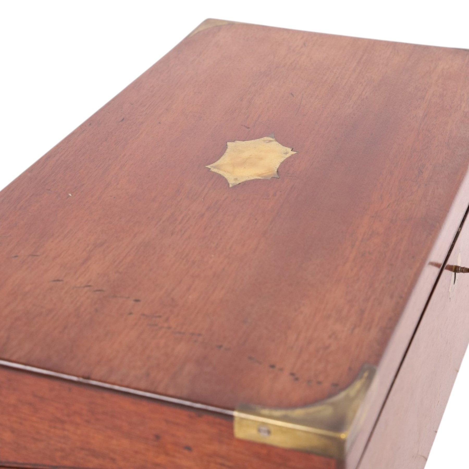 Mid 19th century brass bound mahogany writing box, with flush handles and side draw, the hinged lid opening to reveal a green felt writing slope, H16cm, L46cm 