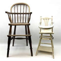 Victorian child's windsor style ash and elm stick-back high chair with turned supports and stretchers H88cm; and a white painted French doll's metamorphic high-cum-low chair with hinged flap (2)