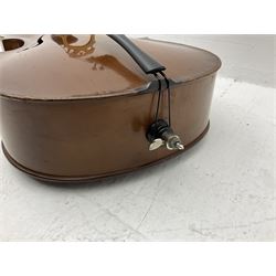 Modern Romanian student's three-quarter size cello with 70cm two-piece maple back and ribs and spruce top, bears label 'Musikinstrumentenfabrik Reghin Romania' L115cm overall