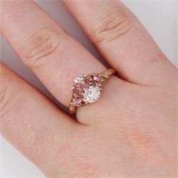 9ct rose gold morganite, pink sapphire and diamond ring, single oval cut morganite, with diamond and pink sapphire set shoulders, hallmarked