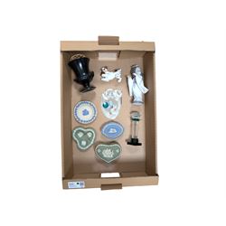Lladro figure, Royal Doulton dog figure, small Swarovski Crystal figures, Wedgewood urn and four pieces of Wedgewood Jasperware, etc