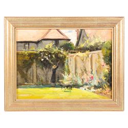Circle of Sir John Lavery (Irish 1856-1941): Trimming Roses, oil on board unsigned 28cm x 38cm