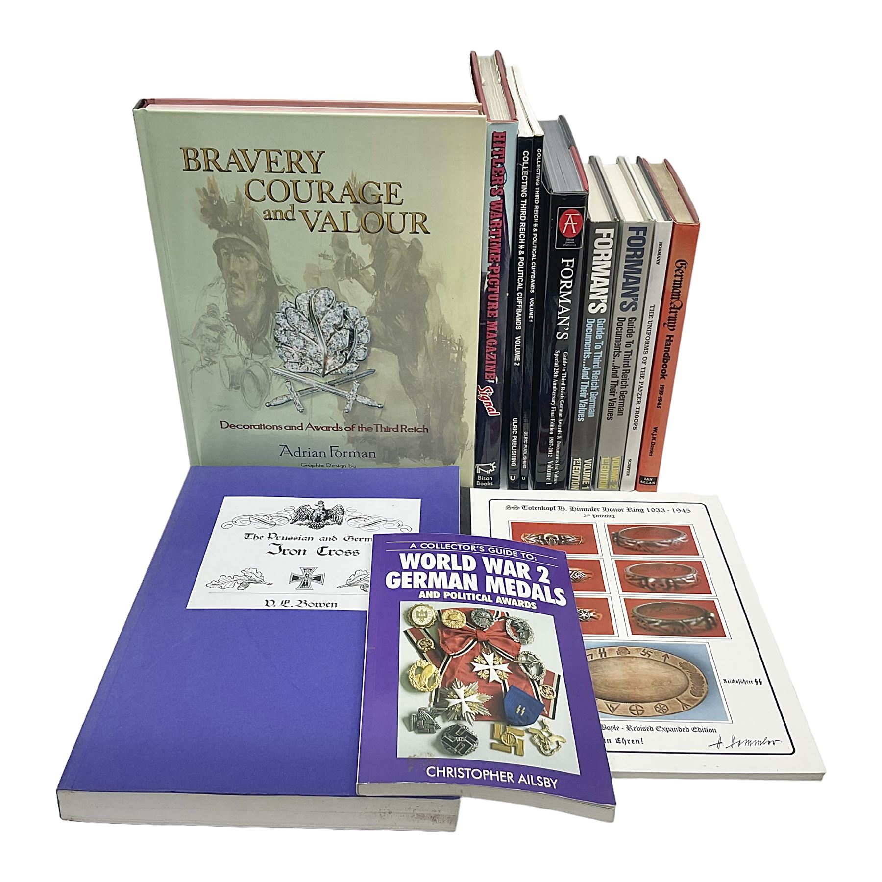 Excellent collection of twelve German Third Reich reference books including four by Adrian Forman - Guide to Third Reich German Awards and Documents, ........ Documents and Their Values. Volumes one and two. Both limited edition and signed by the author; and Bravery, Courage & Valour - Decorations and Awards of the Third Reich; D.E. Bowen: The Prussian & German iron Cross. Signed by the author; Ulric of England: Collecting Third Reich 'SS' and Political Cuffbands. Two volumes; Don Boyle: 'SS' Totenkopf H. Himmler Ring 1933-1945. 2nd printing. Signed by the author and inscribed to 'Adrian' (Forman); and four others (12)