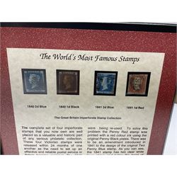 Three Westminster  stamp folders, 'The 1867-1883 Five Shilling Red', 'The World's Most Famous Stamps' including Queen Victoria 1840 penny black with red MX cancel and 1840 two pence blue, 'Victorian 1840 Mulready Stationary' (3)