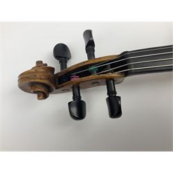 German Saxony violin c1900 with 35.5cm two-piece medium grain maple back and ribs and medium grain spruce top; bears label 'Jacobus Stainer in Absam prope Oenipontum 17xx Made in Germany', 59.5cm overall; with modern bow (2)