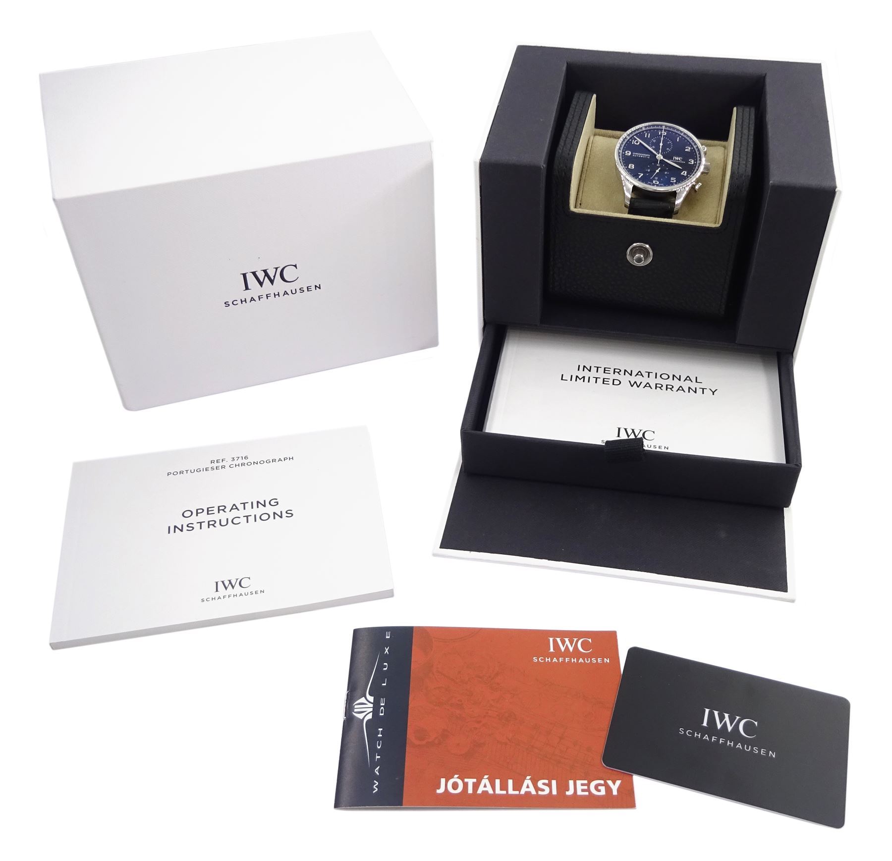 IWC (International Watch Company) Portugieser gentleman's stainless steel automatic chronograph wristwatch, Ref. IW371609, black dial with subsidiary dials at 12 and 6 o'clock for continuous seconds and 30 minute recording, on original black leather strap, boxed with warranty card dated 05.12.2023