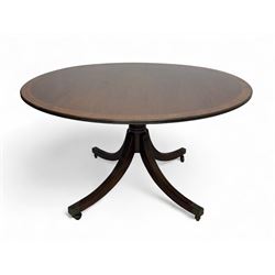Early 20th century Regency design mahogany tilt-top table, circular top with edge banding, supported by a central turned pedestal with four reeded sabre supports terminating in castors; six chairs with pink upholstered drop in seats (7)