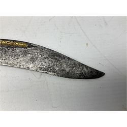 19th century Singhalese knife pia kaetta, the 20cm steel blade inset with yellow and white metal, with metal mounted carved pistol grip, in plain wooden scabbard L33cm overall