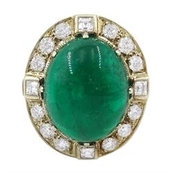 Gold emerald and diamond ring, the central oval cabochon emerald, with sixteen round and rectangular cut diamond halo surround by Judith Crowe, hallmarked 9ct, emerald 20.00 carat, total diamond weight 2.00 carat, with World Gemological Institute report