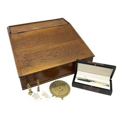 Wooden writing box together with two brass seals, Cabouchon ballpoint pen in box and a twenty eight years calendar 