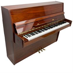 Steinmayer upright series 108 piano in sapele mahogany case, with an overstrung Iron frame and underdamper action, sustain, sostenuto and practise pedal, full compass seven octave 88 note keyboard serial Number 97050003 