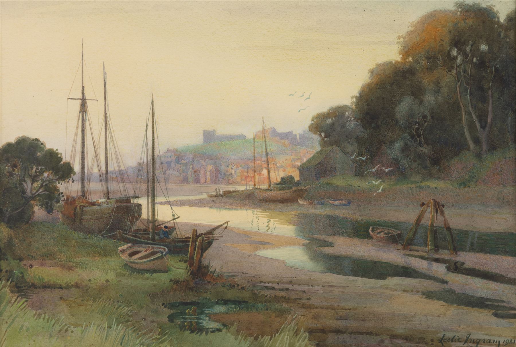 Leslie Ingram (British early 20th century): Whitby from Upstream on the Esk, watercolour signed and dated 1921, 23cm x 34cm