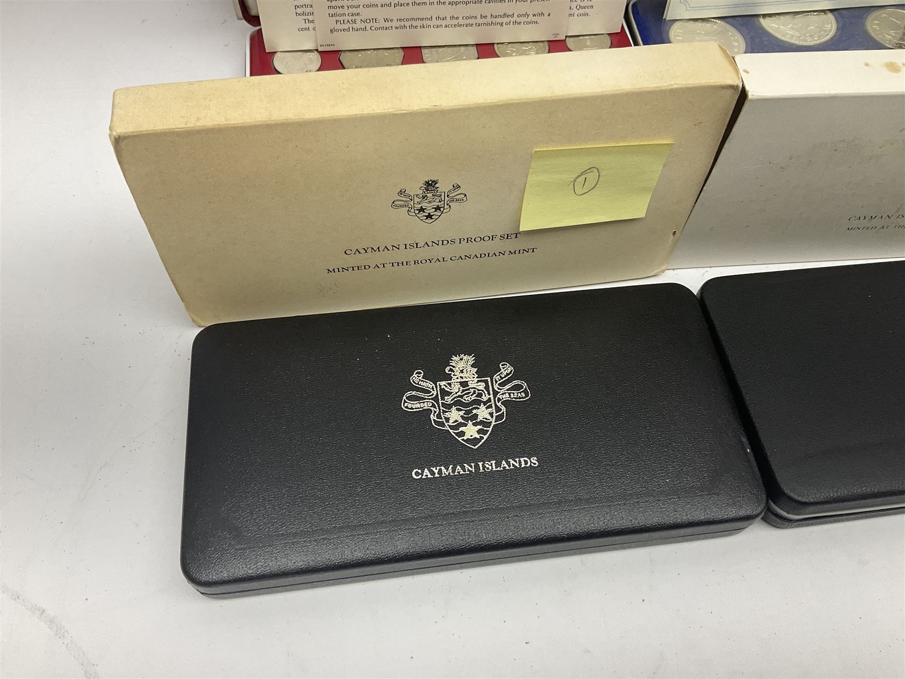 First National Coinage of Barbados 1973 proof eight coin set, from ten dollars to one cent, the ten dollar coin minted in sterling silver, the five dollar coin minted in 800 silver, and a Barbados 1974 proof eight coin set, both minted at The Franklin Mint, cased with certificates; two Republic of Malta decimal proof coin sets, dated 1978 and 1979, the 1979 one pound coin minted in sterling silver, both minted at The Franklin Mint, cased with certificates; Cayman Islands 1973 proof eight coin set, minted at the Royal Canadian Mint, cased; and a Cayman Islands 1979 proof eight coin set, the five dollar to fifty cents coins each minted in sterling silver, minted at the Franklin Mint, cased with certificate (6)