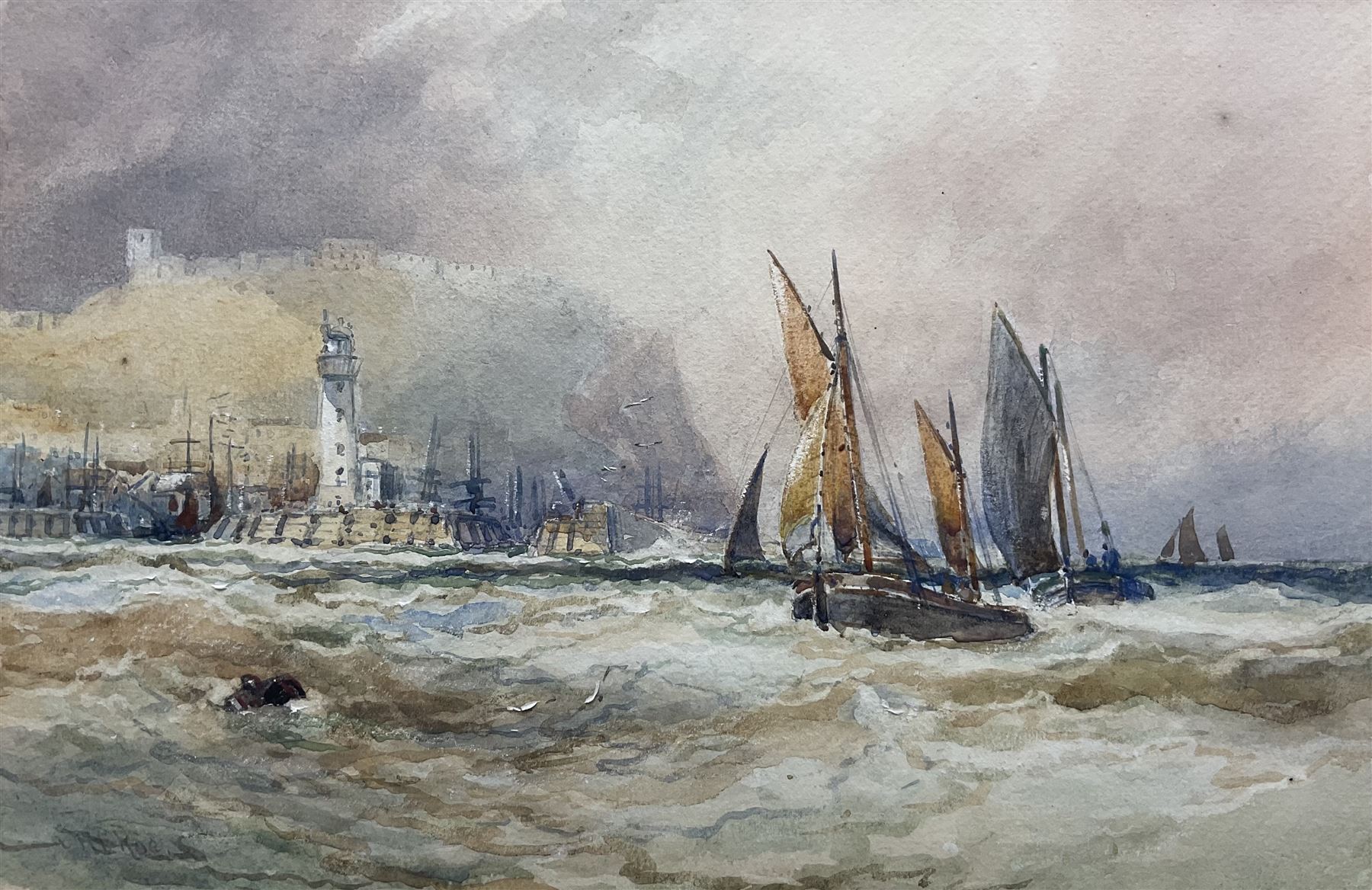 Robert Ernest Roe (British 1852-c1921): View of Scarborough Castle from the Ships, watercolour signed 20cm x 29cm 