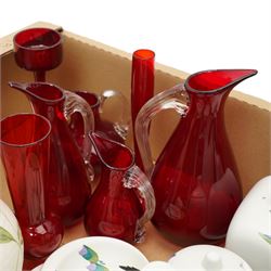 Collection of ruby glass and other art deco wares by E Radford, in one box 