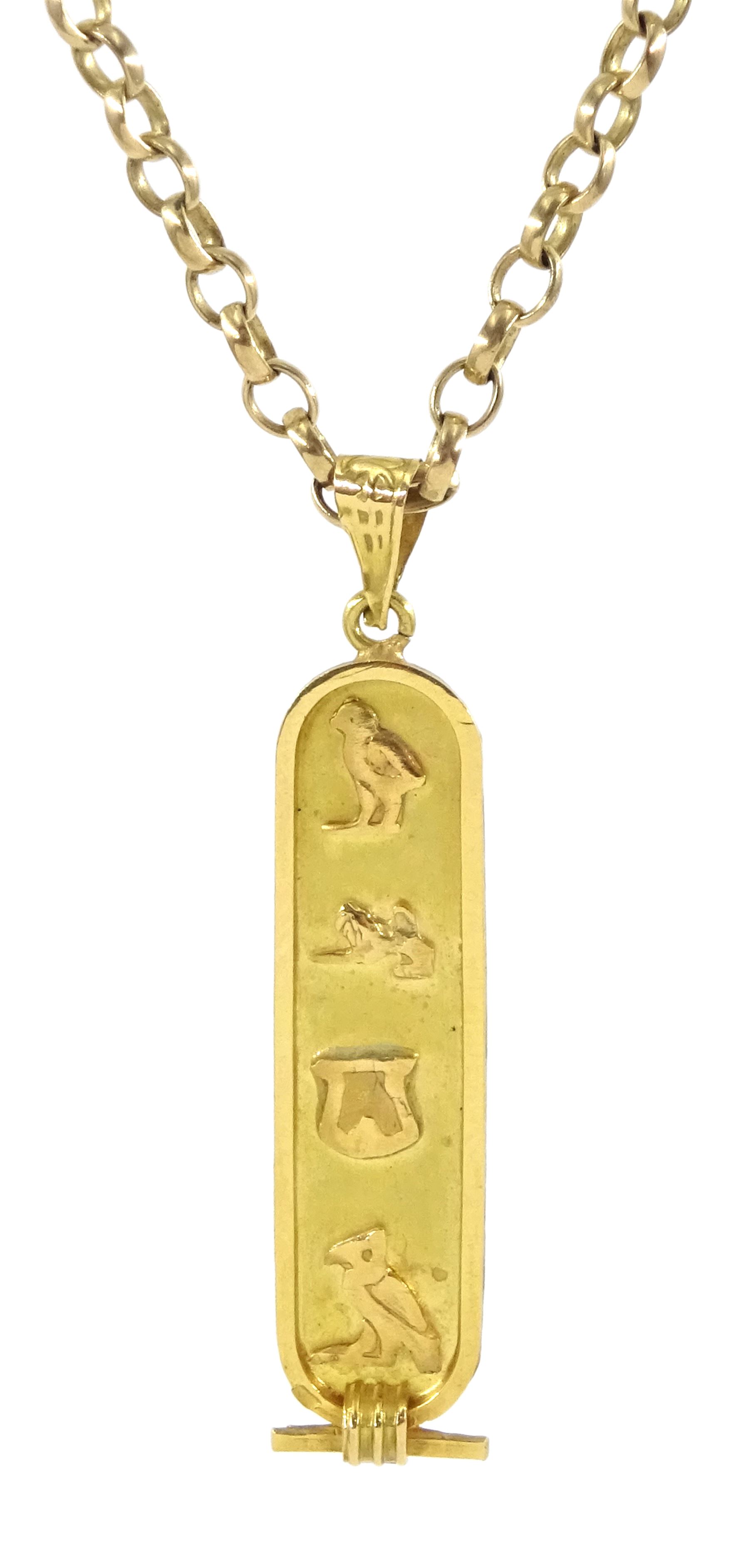 18ct gold Egyptian hieroglyphs pendant, on 9ct gold cable link chain necklace