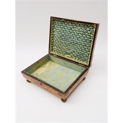 19th century tortoiseshell sewing box, of sarcophagal form upon four foliate detailed brass ball feet, the hinged cover edged in ivory with initialled silver plaque to centre, opening to reveal a silk lined interior, H9.5cm W22.5cm D18cm
