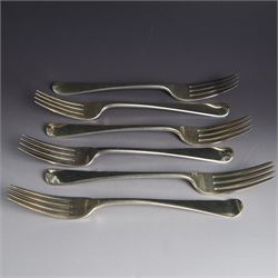 Six Georgian and later silver Hanoverian pattern table forks, comprising set of three Will...