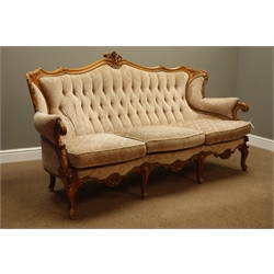  Mid to late 20th century Italian style carved beech framed three seat sofa (W190cm, D115cm), matching armchair (W80cm)  