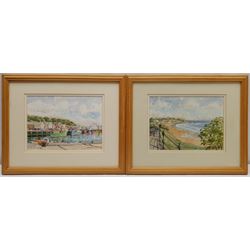 Les Pearson (British 1923-2010): 'The Harbour Scarborough' and 'Scarborough' from the Esplanade, pair watercolours and ink signed titled and dated '96, one with artist's Bridlington address label verso 15cm x 20cm (2)