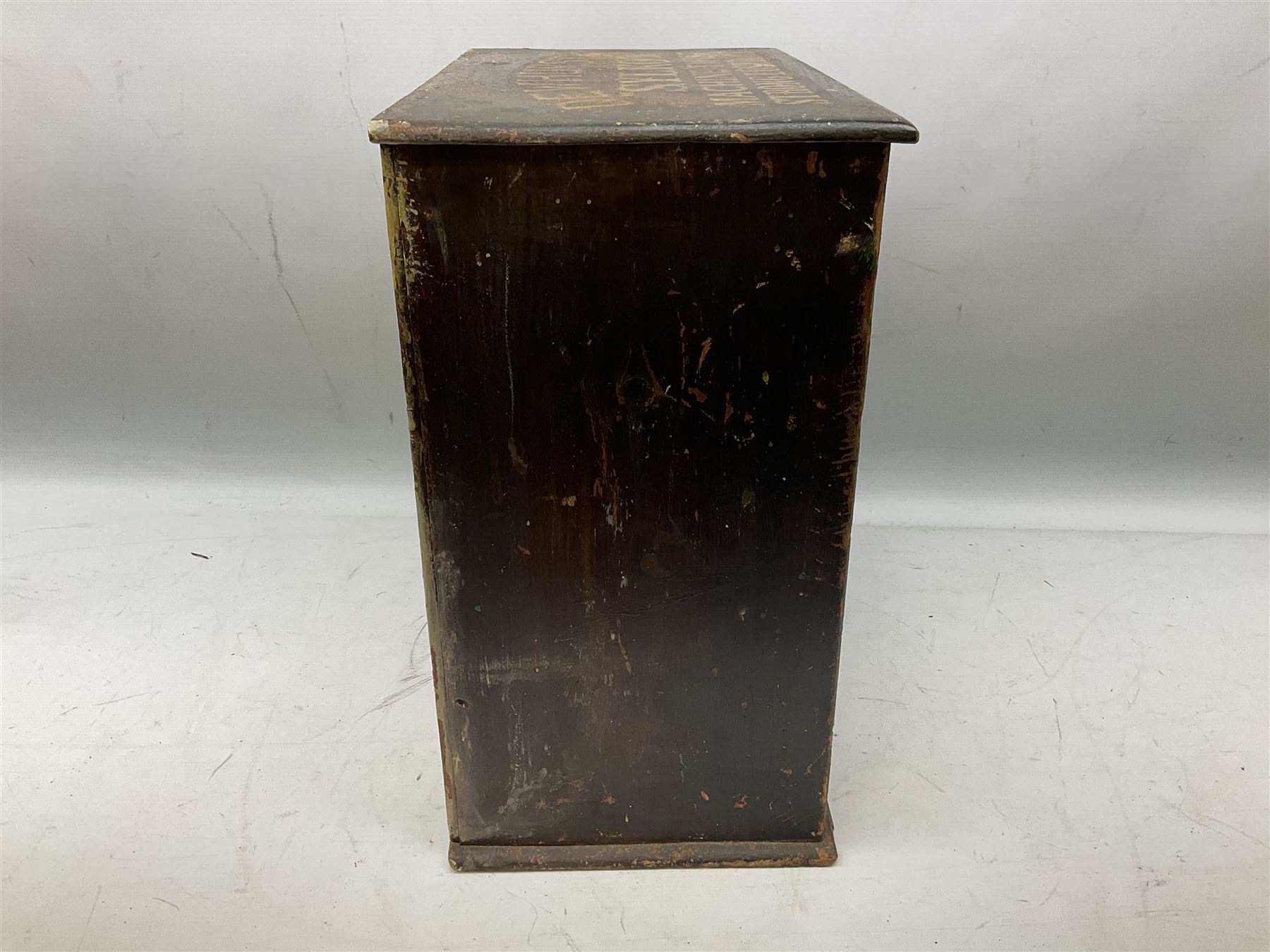 Early 20th Century Dewhurst table top chest, decorated with gilded 'Dewhurst's Sylko Machine Twist Strong Lustrous' lettering above six long drawers with names and numbers of cotton also detailed in gilt, H39cm