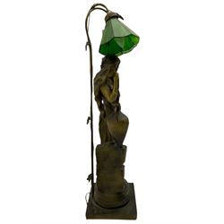 Large Italian style figural lamp depicting Rebecca with urn, two branches fitted with green glass shades