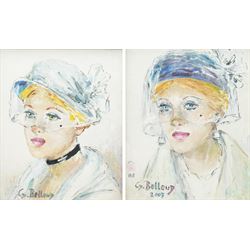 Gisèle Belleud (French 1921-2019): Portrait of an Art Deco Lady with a Veil and Beauty Spo...