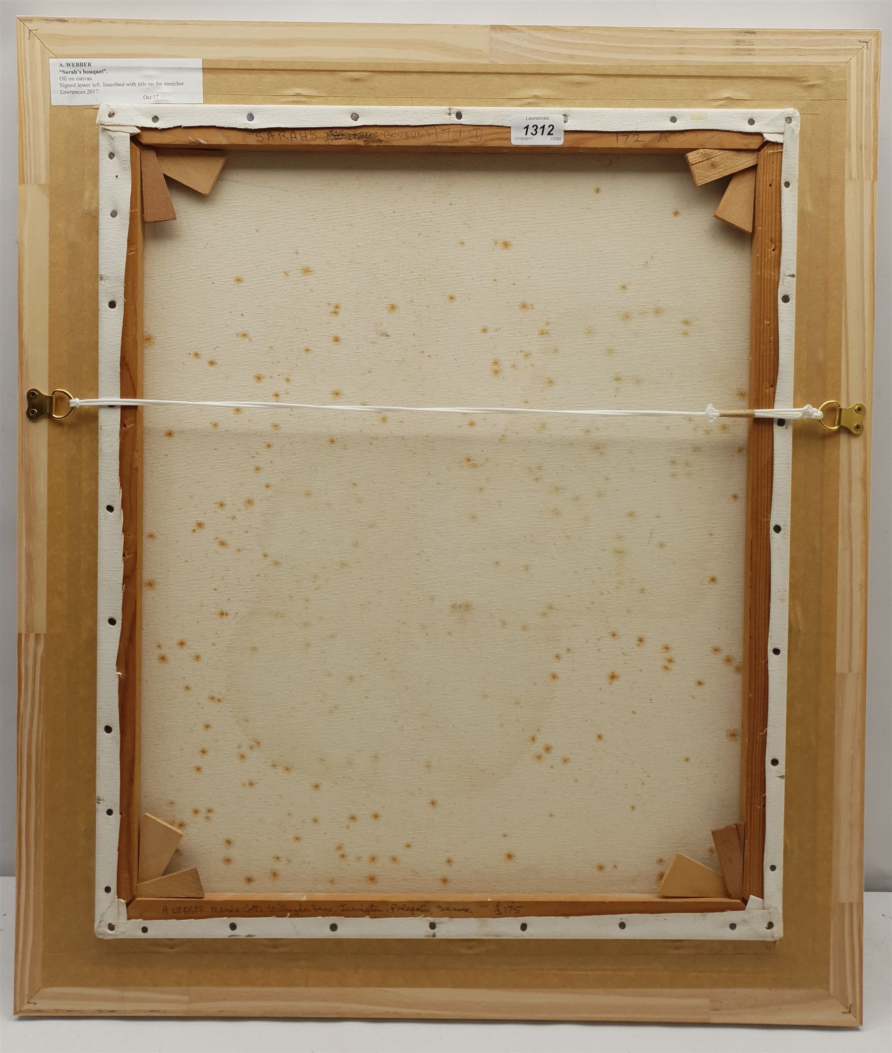 A Webber (British 20th century): 'Sarah’s Bouquet', oil on canvas signed and dated 1983, titled on the stretcher verso 50cm x 60cm