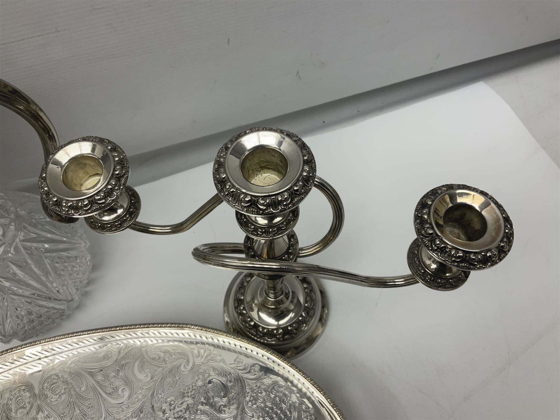 Glass claret jug, with silver plated top, together with other silver plate, to include pair of candelabras and tray with claw feet, jug H30