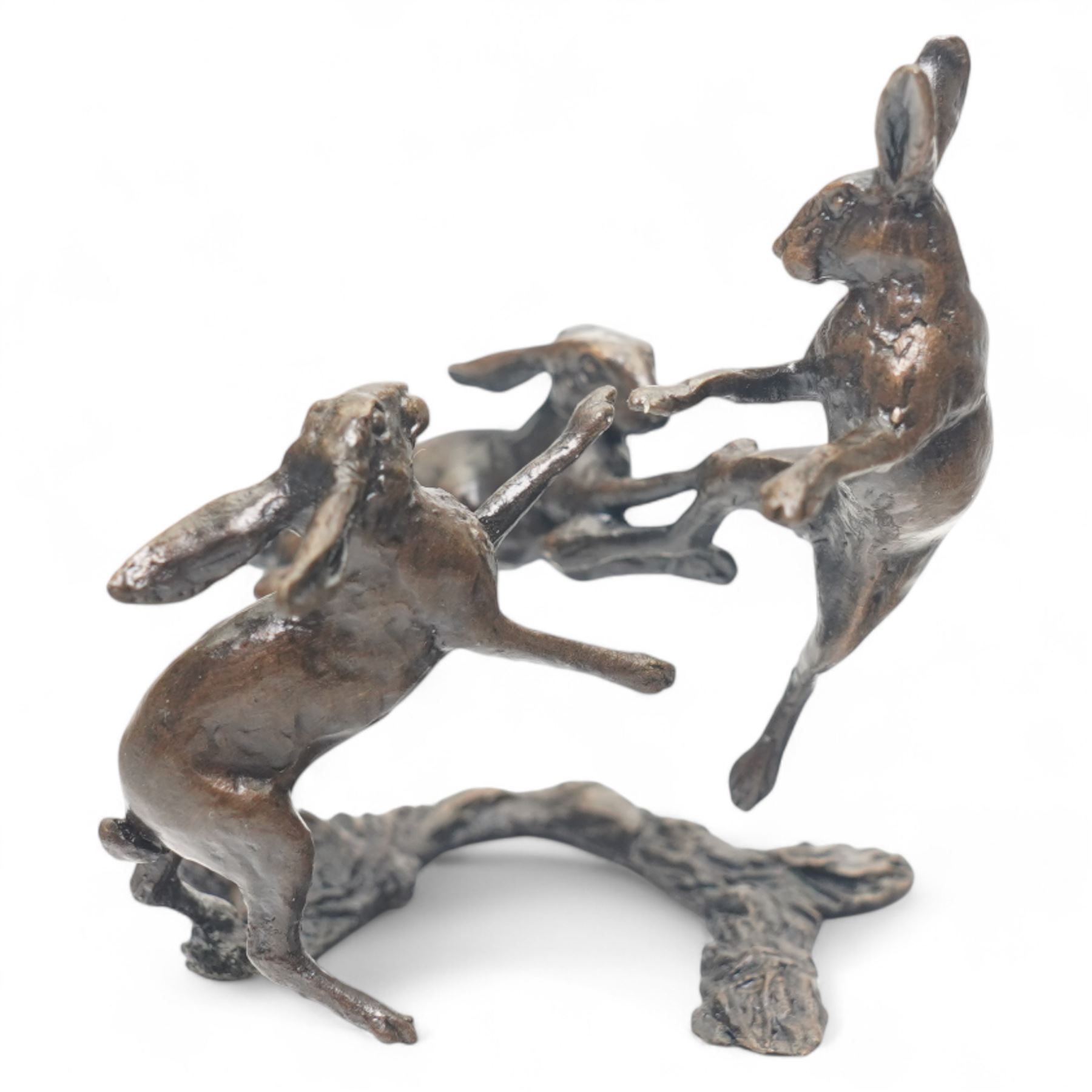 Michael Simpson (British Contemporary): Leaping Hare and Three Hares Dancing, two bronzes, one limited edition signed and numbered 273/350 to base, the other apparently unsigned, larger H7cm (2)
