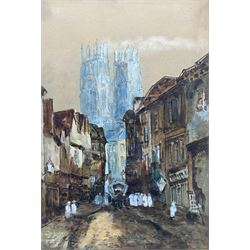 Davy (British 19th century): Low Petergate with View of York Minster, watercolour heightened with white signed 35cm x 24cm
