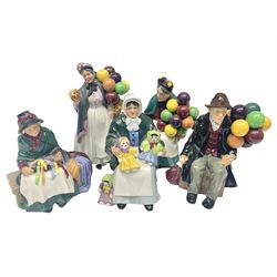 Five Royal Doulton figures, comprising The Rag Doll Seller HN2944, Silks and Ribbons HN2017, The Old Balloon Seller HN1315, Biddy Penny Farthing HN1843 and The Balloon Man HN1954, all with printed marks beneath 