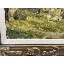 Scottish School (Early 20th century): Country Cottages with Hens and Children, oil on canvas indistinctly signed 39cm x 55cm