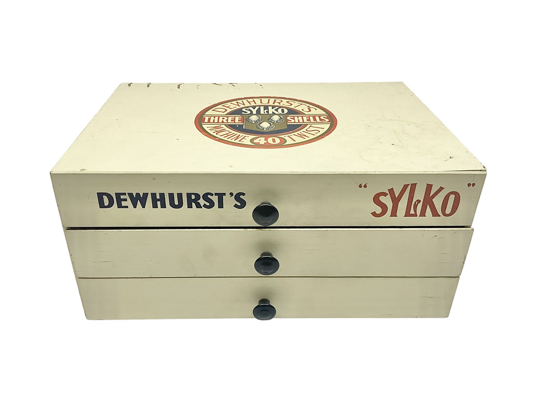 Mid 20th century Dewhurst's 'Sylko' advertising counter top three drawer chest, H14.5cm