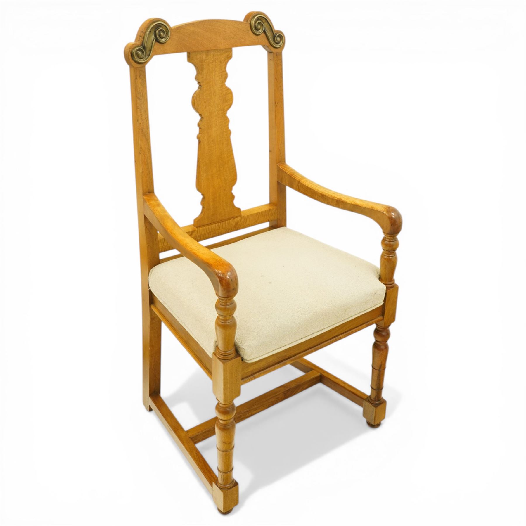 Baker Furniture - 'Baluster' range mango wood dining suite, comprising a refectory dining table raised on twin pillars with scrolled bases, with six chairs including two carvers, with gilt mounts and neutral upholstery