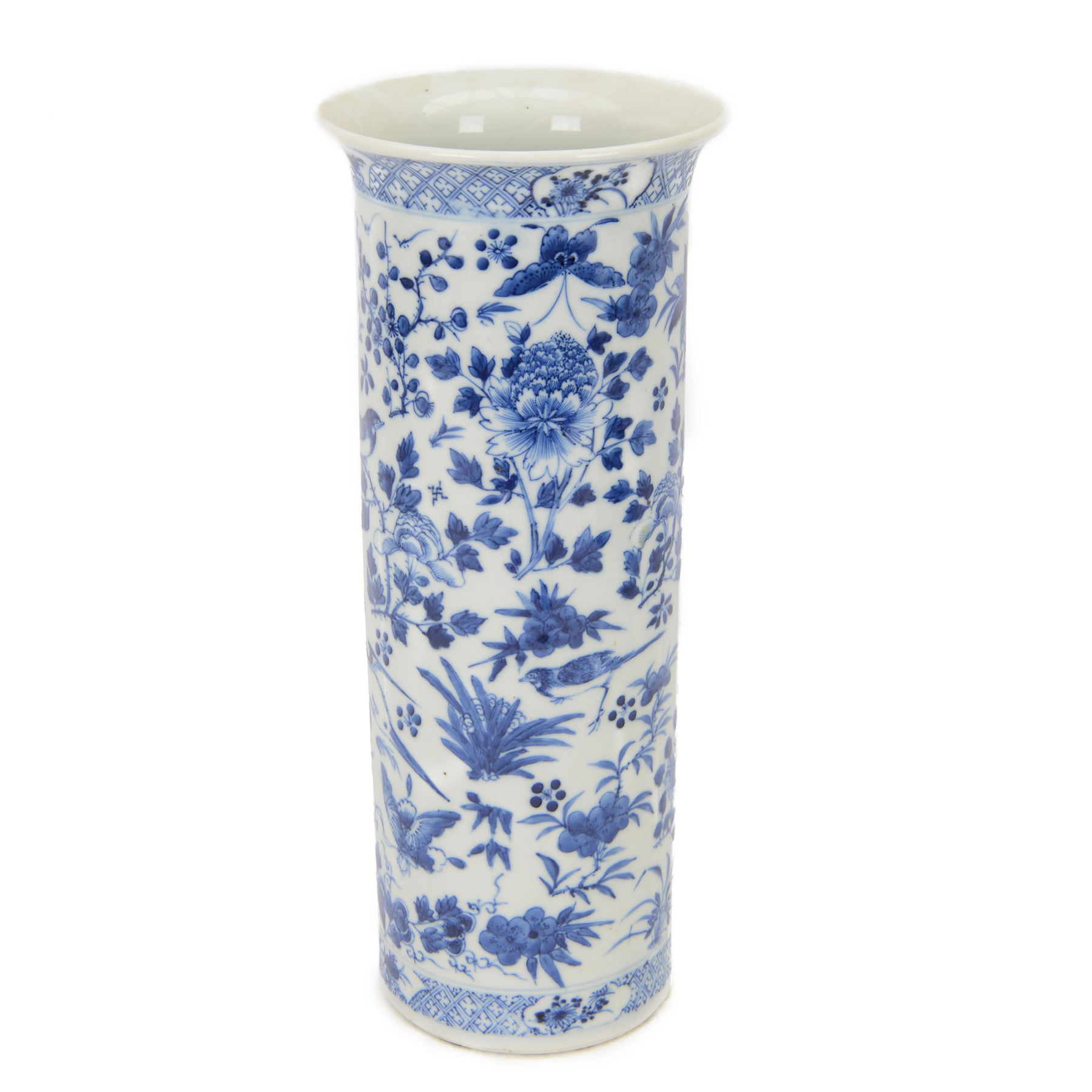 19th century Chinese blue and white sleeve vase, of cylindrical form with slightly flared neck, painted with birds and insects amidst blossoming flowers and foliage, the base and rim with trellis border interspersed with floral reserves, with four character Kangxi mark beneath, H35cm