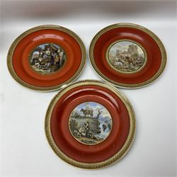 19th century Prattware table ware to include an oval footed dish decorated with a scene after Landseer 'Highland Music', retailed by James Muggleton L27.5cm, ‘The Truant’ plate after T. Webster, 'Blind Man's Buff' & 'Snap Dragon' tea plate, two side plates with malachite printed borders and others (17)
