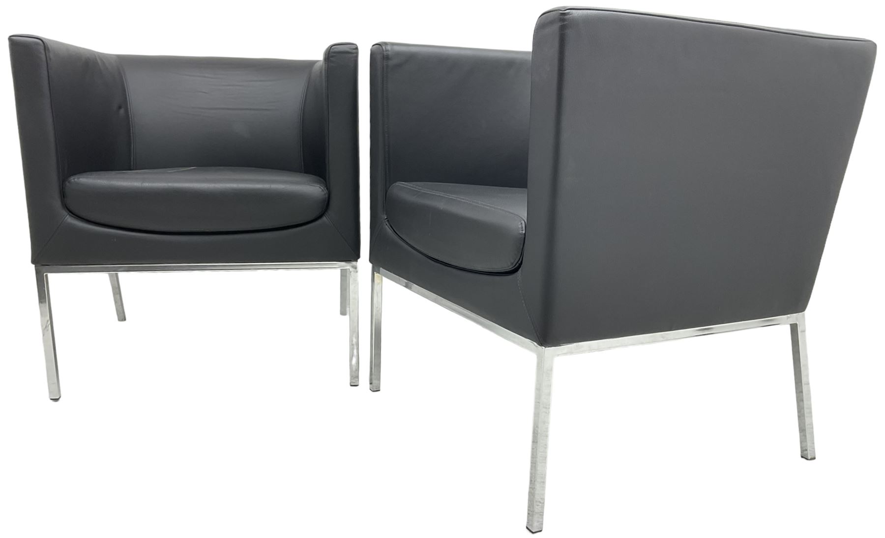 Orangebox - pair of contemporary 'Drift' tub armchairs, upholstered in blakc faux leather, on chrome supports