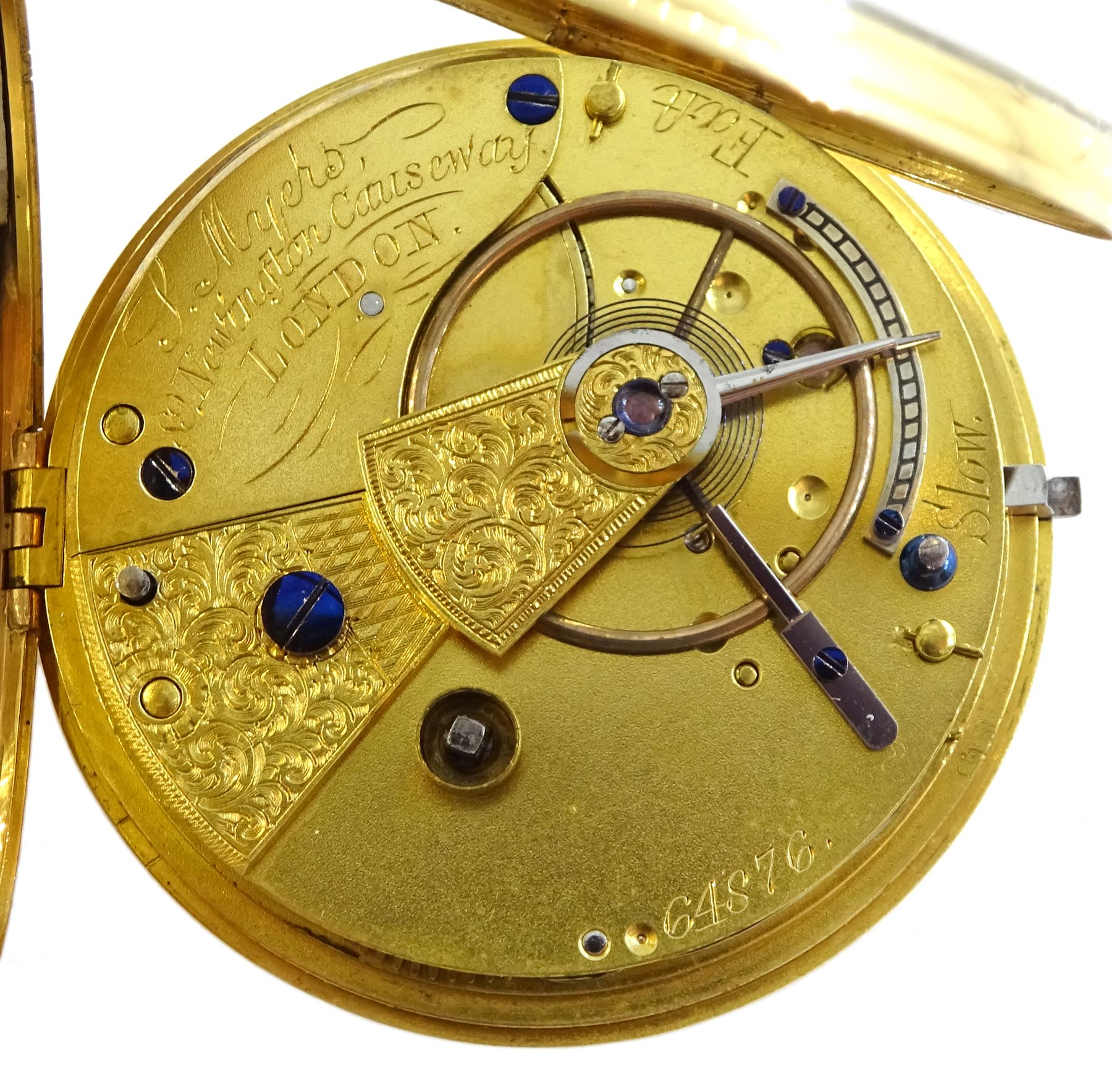 Victorian 18ct gold open face English lever fusee pocket watch by Soloman Myers, London, No.64876, gilt dial with Roman numerals and subsidiary seconds dial, case makers mark J R, London 1870
