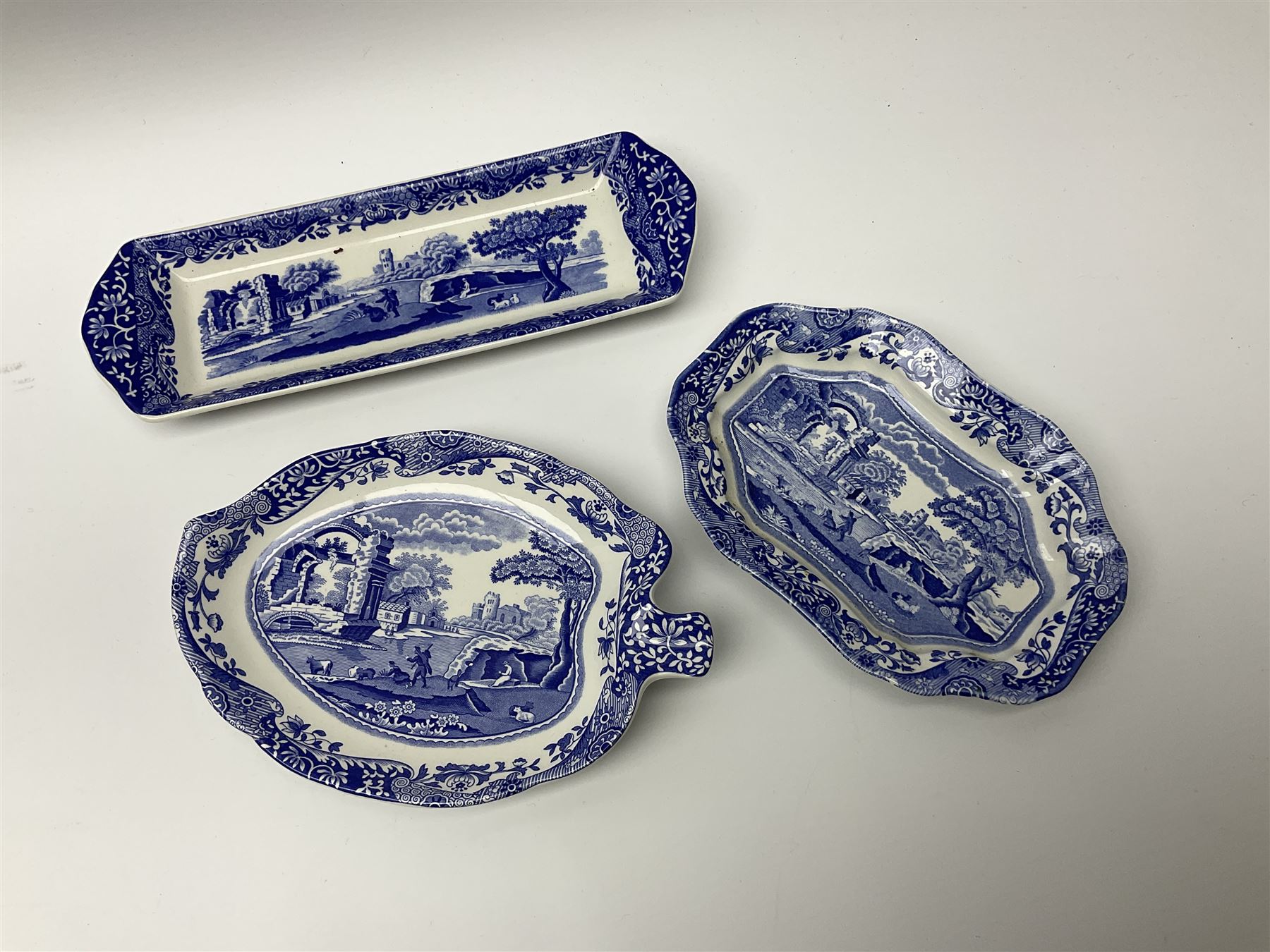 A large Spode blue and white Italian pattern novelty teapot, H33cm, with black printed mark beneath, together with a selection of other Spode blue and white Italian pattern wares. 