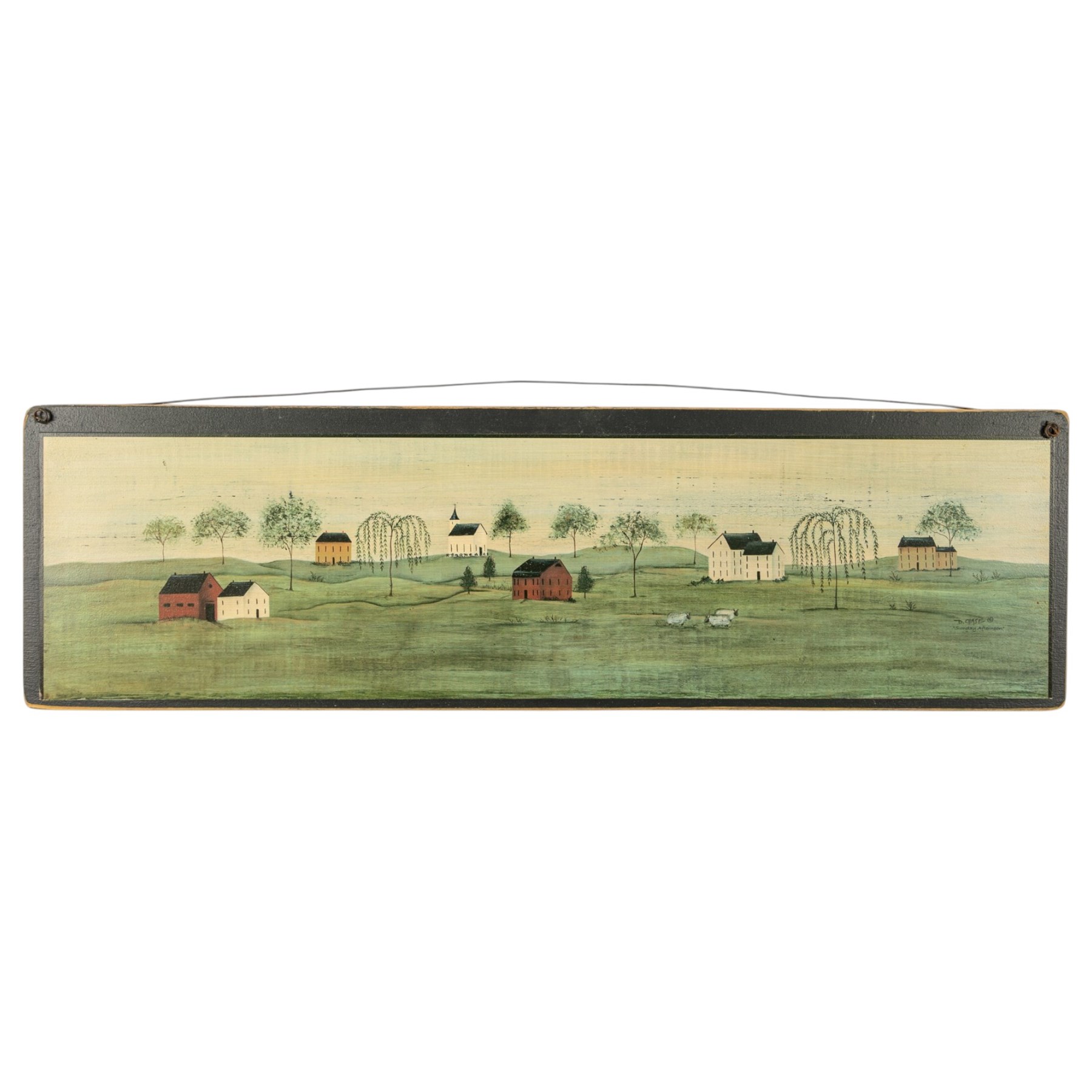 After D Chase (American 20th century): Sunday Afternoon, coloured print 19.5cm x 75.5cm; together with a diorama of an American Midwest Town with naive buildings, within a painted wooden display, houses signed named and dated 1985