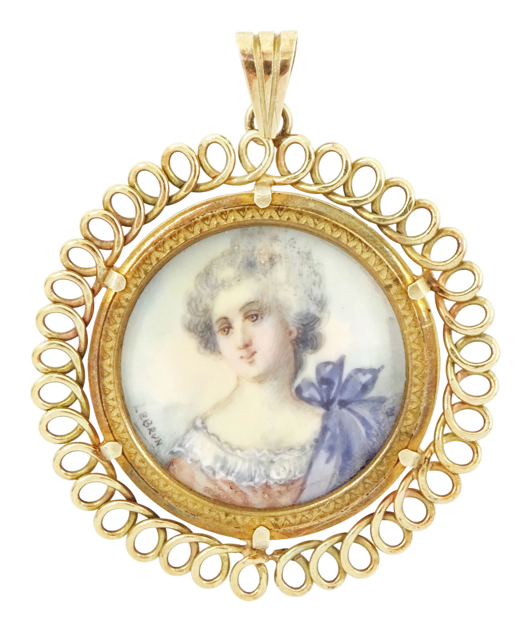 14ct gold portrait pendant, set with a circular miniature of a woman after Elisabeth Vigee Le Brun (French 1755-1842) on ivory, signed Le Brun, under a glazed panel, within a pierced scroll frame. This lot has been registered for sale under Section 10 of the APHA Ivory Act